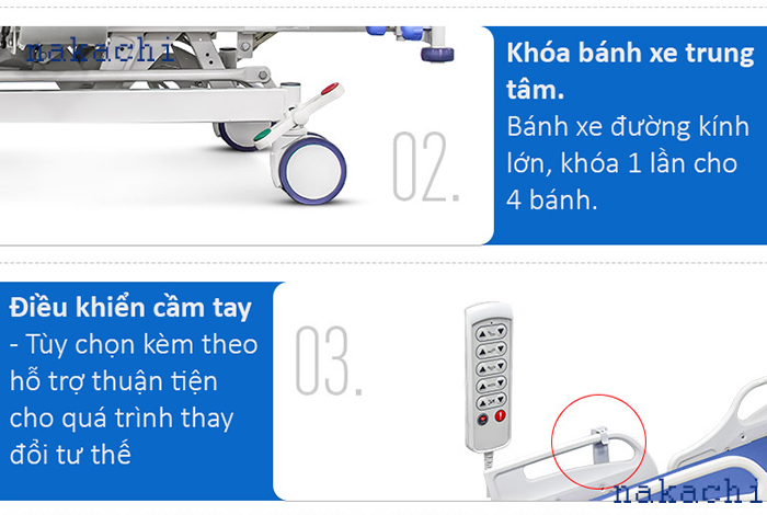 khóa bánh xe và điều khiển trung tâm giường ICU-04